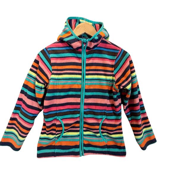 Lands End Fleece Rainbow Stripe Jacket Zip Up Hood L Large 14 Girls - Picture 1 of 8